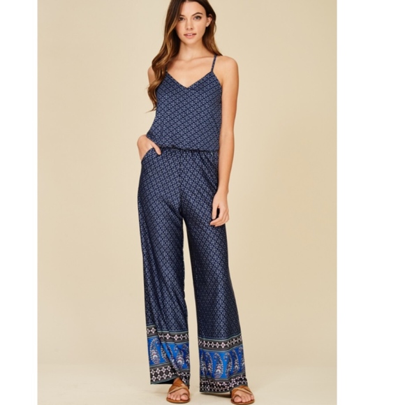 Annabelle Pants - (Last One) Blue Floral Patterned Jumpsuit